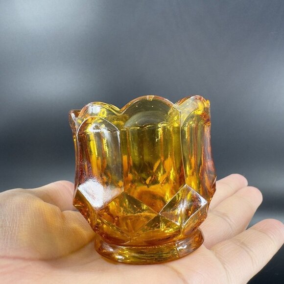 1960s LE Smith Amber Dominion Pattern Toothpick Holder Faceted Vintage Glass - Picture 13 of 13